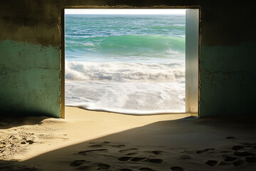 Minimalist Aluminum Door Facing a Quiet Beach, Gentle Waves Lapping at the Shore in a Peaceful Scene