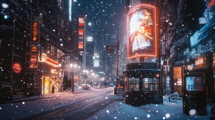 Obraz premium An illuminated sign illuminating a snowy city street at night marks the beginning of the new year in 2025