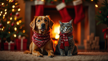 Festive dog and cat sit by the cozy fireplace during christmas holiday season