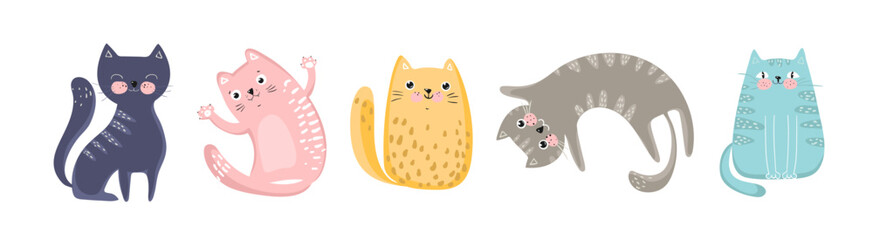 Set of illustrations colorful cats in various poses, vector
