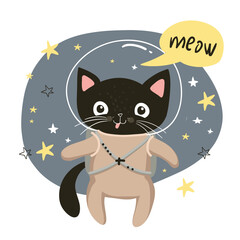 Cute black cat in space. Funny vector illustration. Perfect for kids, baby design, wall art, poster and other