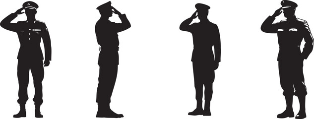Strong Black Silhouette of Soldiers Standing at Attention and Saluting