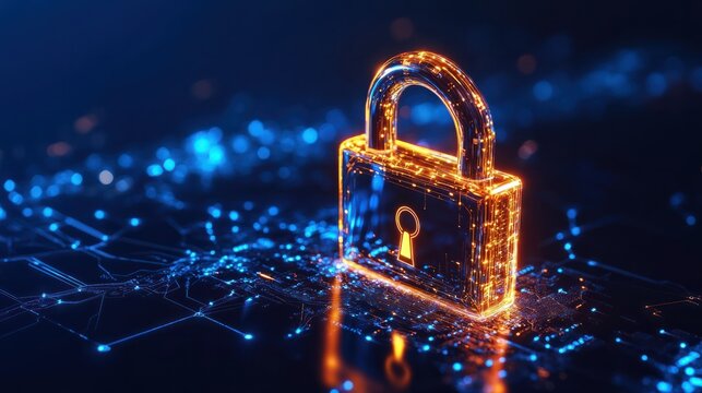 Convey the essence of cyber security technology with an image featuring a digital padlock representing data encryption and network protection, displayed against a deep blue backdrop, highlighting