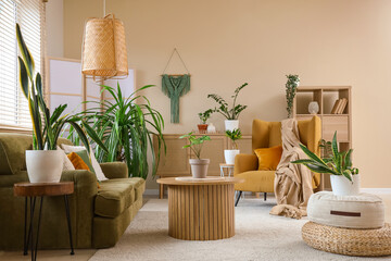 Interior of living room with green houseplants, sofa and armchair