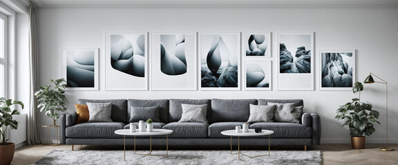 Modern furnished, colorful and cozy contemporary living room, living area with designer style sofa in daylight