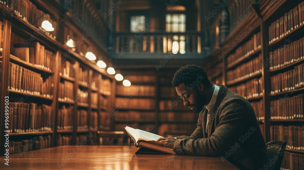 Poster a man is deeply focused on reading a large book at a wooden table in a grand library. the warm light