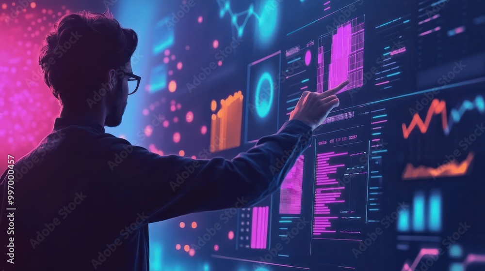 Poster person presenting and evaluating data chart - illustration created with generative ai