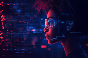 Black African American student coding and learning about machine learning, with a focus on AI and augmented reality in education and cybersecurity