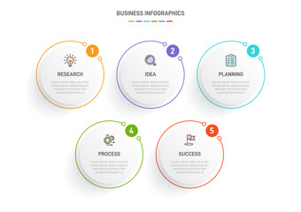 5 clean infographic design shaped elements template, symbolizing the five stages of business strategy and progression. Progress bar or timeline. Vector for presentation, web site or app.