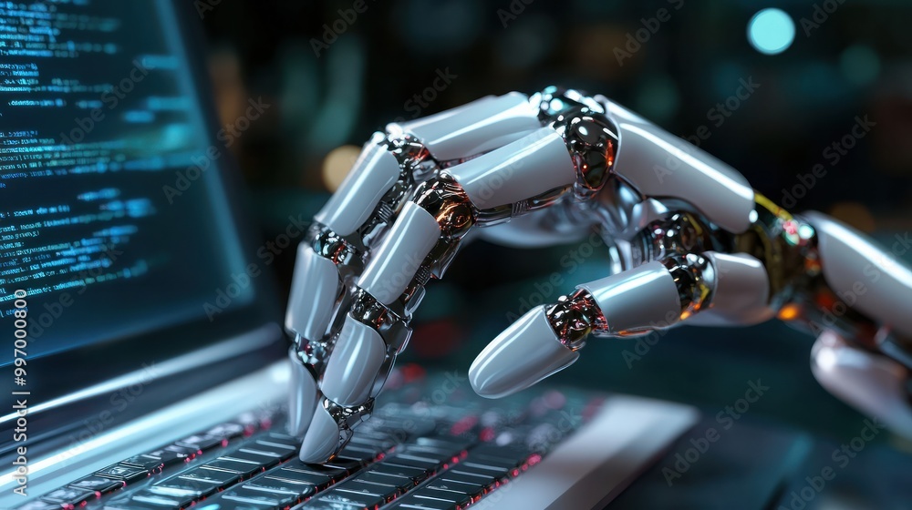 Poster robot hand typing on the computer. the concept of artificial intelligence replacing a human in deali