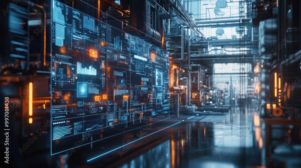Aufkleber technology industrial business process workflow organisation structure on virtual screen, iot smart 