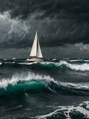 Sailing scene amidst stormy ocean waters.