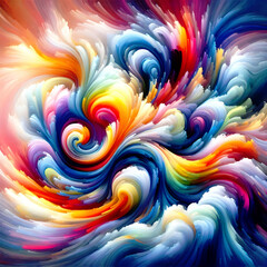 A vivid display of swirling, multicolored paint strokes creating a dynamic abstract pattern. The image is filled with energy, flow, and vibrant hues.