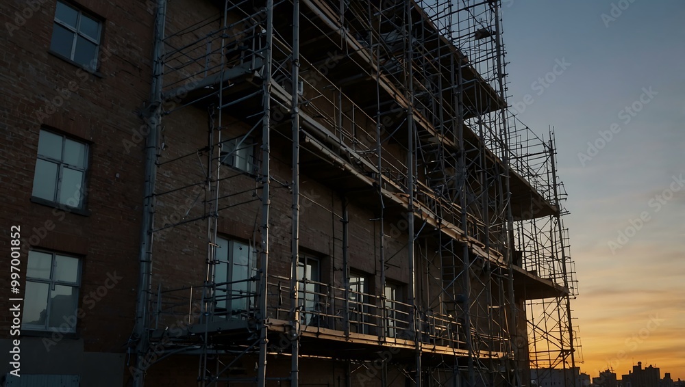 Poster scaffolding surrounding an urban building at dawn.