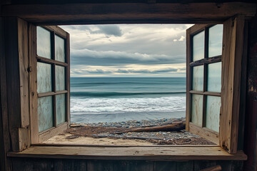 Rustic Wooden-Framed Window in a Charming Beach House Showcasing Sweeping Views of the Ocean