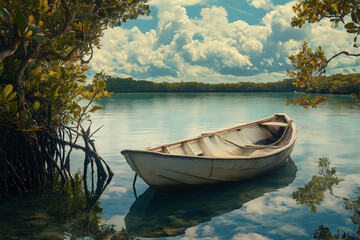 Obraz premium Serene Fisherman's Boat Floating in a Tranquil Lagoon Encircled by Lush Tropical Foliage