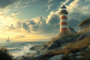 Striking Red-and-White Striped Lighthouse Tower Standing Tall as a Majestic Coastal Guardian
