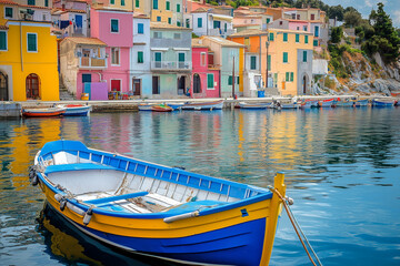 Brightly Painted Fishing Boat Bobs in Mediterranean Harbor, Cheerful Colors Matching Sunny Sky
