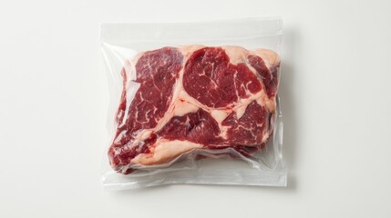 Fototapeta premium A fresh shank steak vacuum-packed, arranged on a clean white background, highlighting the quality and marbling of the cut.