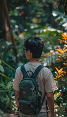 Young man exploring the lush greenery with a tropical backpack.