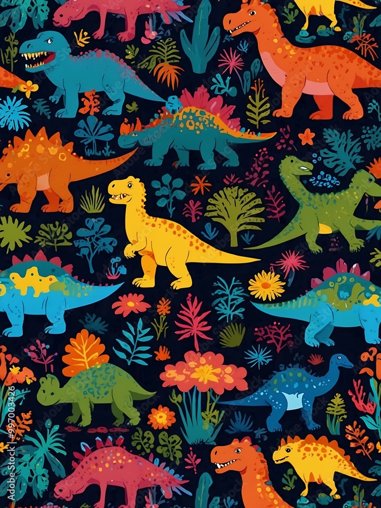 Poster seamless dinosaur pattern in bright summer colors.