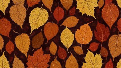 Seamless pattern of autumn leaves in warm shades of orange and red.