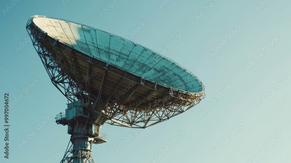 Poster a large radar dish receiver in operation, capturing signals, with a focus on its mechanical structur