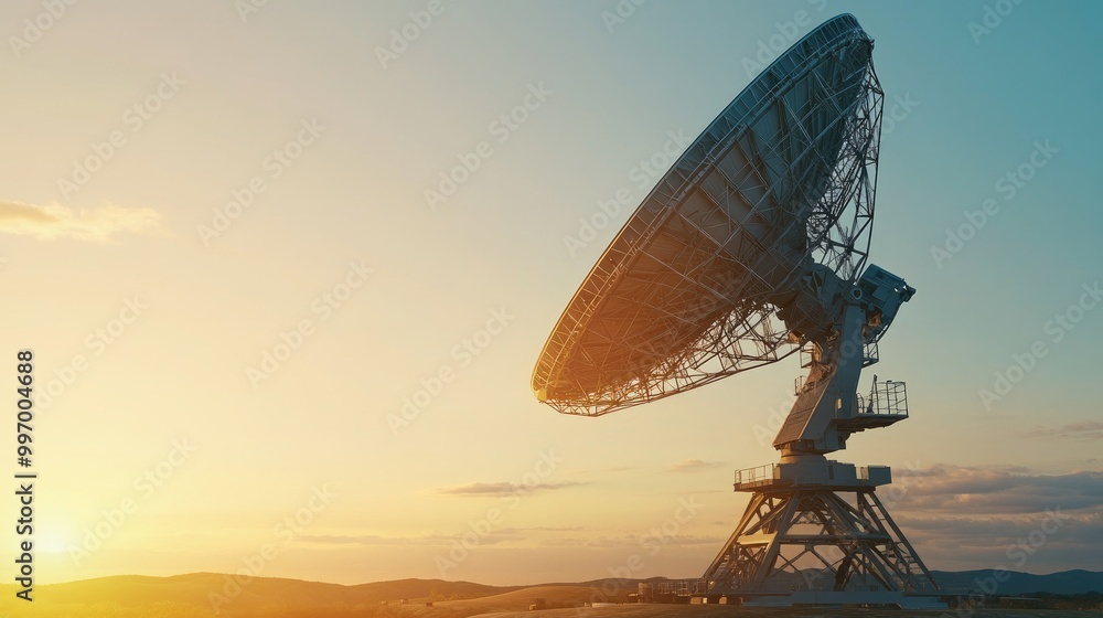 Poster a large radar dish receiver in operation, capturing signals, with a focus on its mechanical structur