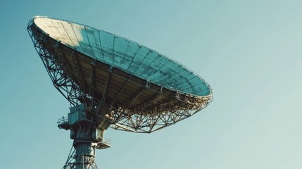 A large radar dish receiver in operation, capturing signals, with a focus on its mechanical structure and rotating base against a clear background.