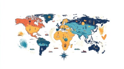 Obraz premium World Map with Cultural and Historical Landmarks, Colorful Geography Illustration