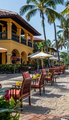 Relaxing patio furniture set up in front of a tropical resort. The chairs are made of wood and have orange cushions.