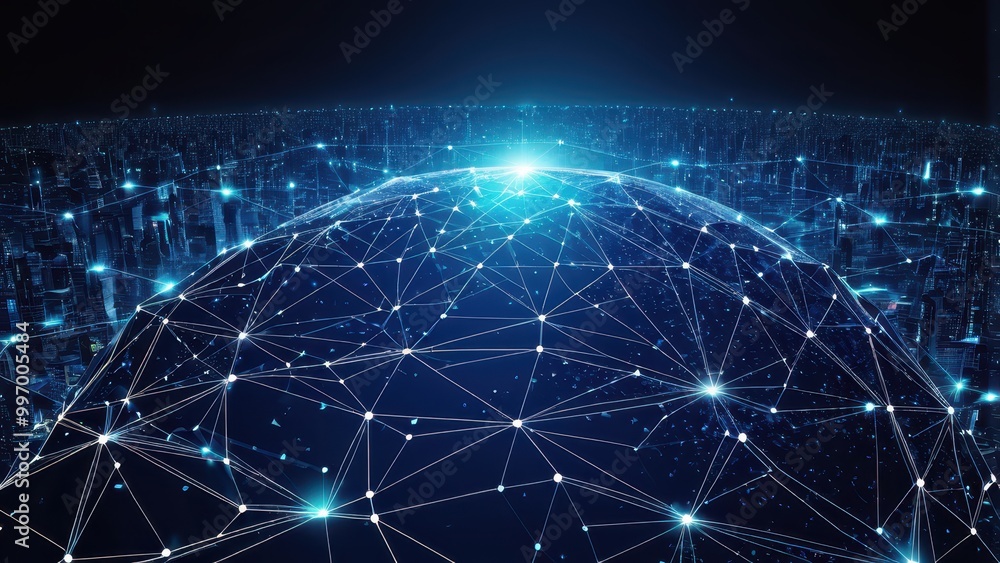 Poster a digital globe connected by networks of light, symbolizing global connectivity and technology.