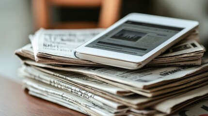 Tablet with news website on stack of newspapers. All contents are made up. 