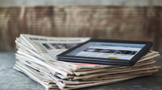 Tablet with news website on stack of newspapers. All contents are made up. 