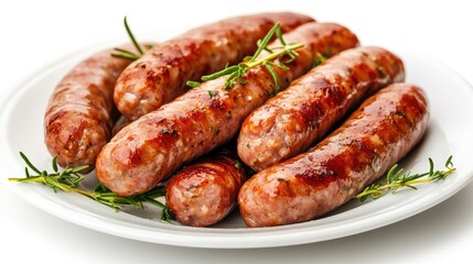 A plate of breakfast sausages served with herbs, presented on a white background, focusing on the rich texture and savory quality of the meat.