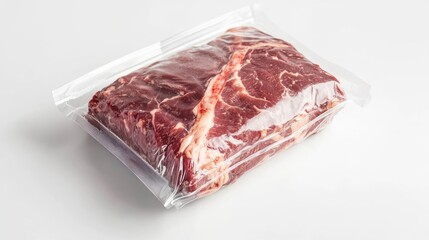 A premium brisket wrapped in vacuum-sealed packaging, placed on a white background, showcasing its freshness and meat quality for retail.