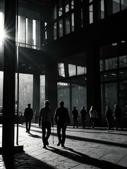Silhouettes walking in an urban setting.
