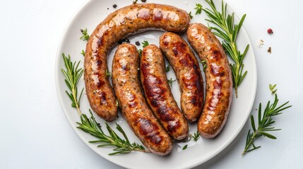 A plate of breakfast sausages served with herbs, presented on a white background, focusing on the rich texture and savory quality of the meat.