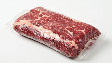 Fototapeta premium A premium chuck cut wrapped in plastic, displayed on a white background, emphasizing its freshness and perfect marbling for meat lovers.