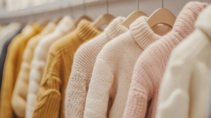 Obraz premium Cozy white neutral color children's sweaters, jackets, coats hanging in a retail store shop for fall winter back to school concept. fall school semester background