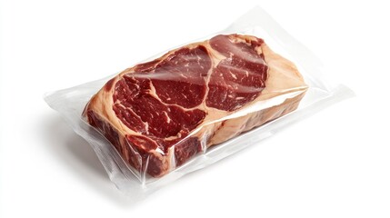 Fototapeta premium A premium ribeye steak sealed in transparent packaging, displayed against a white background, showcasing marbling and freshness perfect for retail or food presentation.