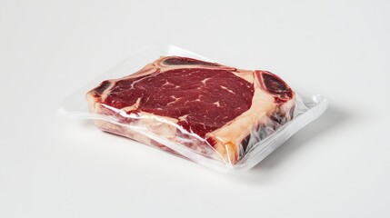 A premium ribeye steak sealed in transparent packaging, displayed against a white background, showcasing marbling and freshness perfect for retail or food presentation.