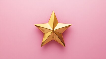 Fototapeta premium A shiny golden star rests atop a soft pink surface, showcasing its sleek design and geometric features, creating a striking visual contrast amidst a playful backdrop.