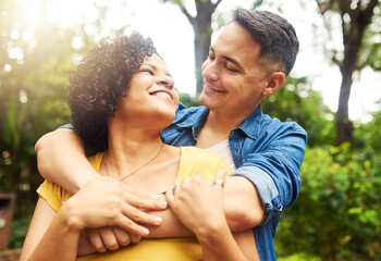 Outdoor, couple and admiration with hug for connection, happy marriage and relationship in backyard. People, woman and man with love embrace for bonding together, commitment and affection in park