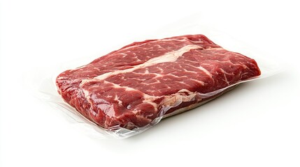 Fototapeta premium A premium tri-tip cut sealed in vacuum packaging, displayed on a white background, showcasing its marbling and freshness for retail or butcher displays.