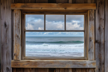 Rustic Beach House's Wooden-Framed Window Showcases Expansive Ocean Vista and Sandy Shore