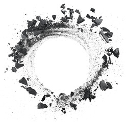 Charcoal dust with fragments in shape circle isolated on a white background, top view.