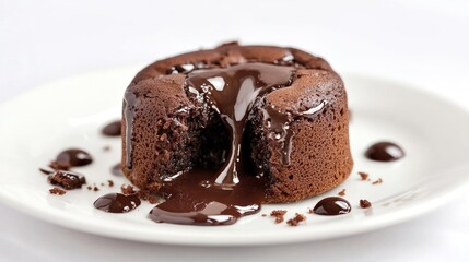 A rich chocolate lava cake with molten center oozing out, placed on a plate with a white background, capturing the decadence of this classic dessert.