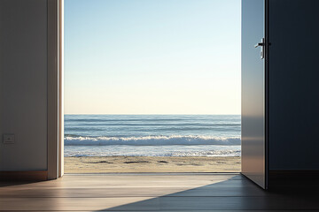 Fototapeta premium Minimalist Aluminum Door Opens to Quiet Beach, Gentle Waves Lapping at Pristine Sand