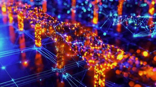 Abstract visualization of cross-chain bridges connecting blockchains. Glowing data packets assets move bridges, seamless interoperability blockchain ecosystem, 4k Technology Background Animation Video